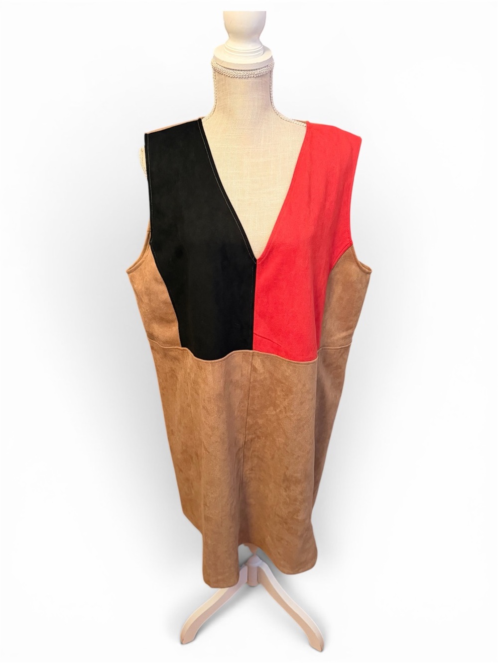 NWT‎ Color block Faux Suede V-Neck Shift Dress - Black, Red, Camel